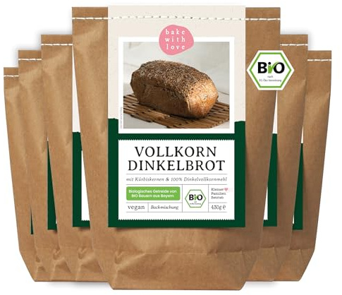 Bio Dinkel Brotbackmischung Vollkorn Dinkelbrot - 100% Bio-Vollkornmehl aus Bayern - Saatenbrot ohne Weizen - für Brotbackautomat & Ofen - Brot Backen - Bake with Love - 6er Pack