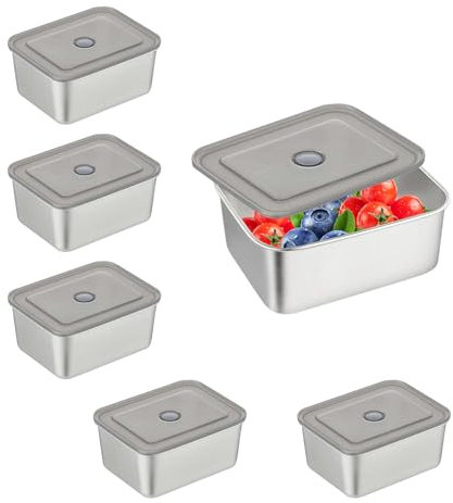 WakiHong 6 Recipientes Herméticos para Alimentos con Tapas, Recipientes de Preparación de Comidas Reutilizables, de Acero Inoxidable, Aptos para Horno, Congelador y Lavavajillas (500 ml)