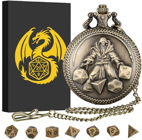 Mini DND Würfelset, Handwürfel Zauberer Taschenuhr Gehäuse, 7-teiliges Polyedrisches D&D-Würfelset aus Metall, DND Geschenke mit Geschenkbox, Rollenspiel-Brettspielzubehör Würfel, Bronze