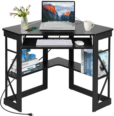 VECELO Corner Computer Desk 41x30 inches with Charging Station & Keyboard & Storage Shelves for Small Space,Triangle Table for Home Office Bedroom,Black