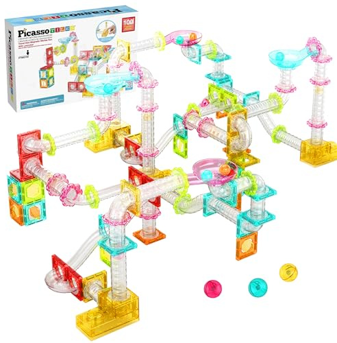 PicassoTiles 100pc Magnetic Marble Run Travel Size Tile Blocks Construction Kids Toy Set On The Go Mini Magnet Tiles Marbles Playset for Race Track Building Block STEM Learning Kit Boy Girl 3+ PTMG100