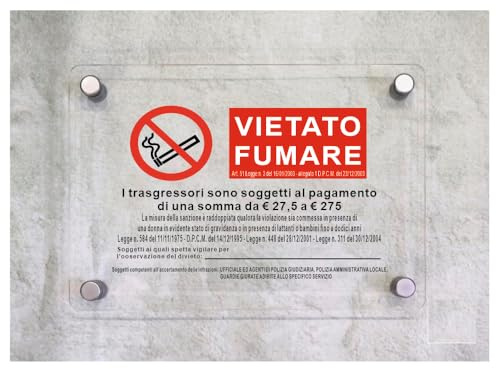 Global Targa Cartello in plexiglass - VIETATO FUMARE CON LEGGE VERTICALE - Con Distanziali in acciaio inox, Stampa UV (15x21 cm)