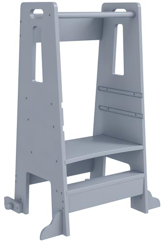 AIYAPLAY Torre de Aprendizaje de Madera Taburete de Aprendizaje para Niños de +3 Años con Pedal Altura Ajustable en 3 Niveles y Barrera de Seguridad para Baño Cocina 45x47,5x91 cm Gris