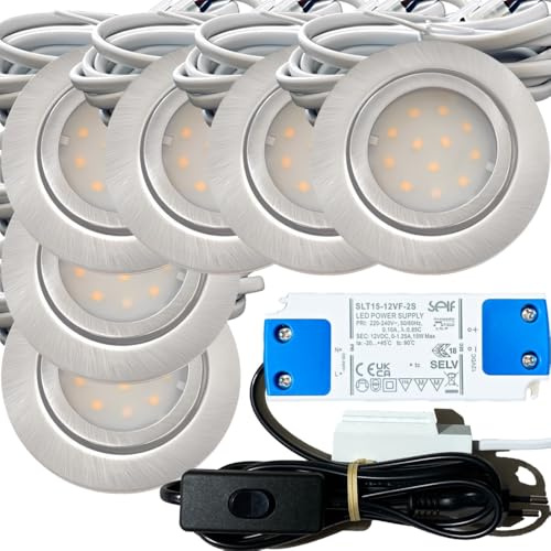 6er Set IP44 LED Einbauspots 12V, flach (22mm), 2,4W, 200lm, Edelstahl-Optik, mit Trafo, Verteiler, 230V-Kabel, Schnurschalter, Weiß (4000K), Ø=72mm, Loch 54-60mm. Ideal für Bad, Küche, Möbel usw.