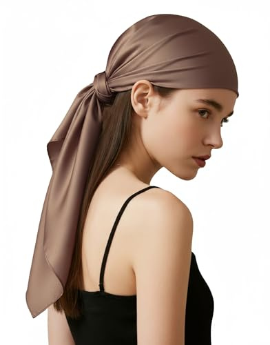 Fmeida Silk-Like Satin Head Scarf 90cm Square Bandanas for Women Fashion Hair Accessories with Gift-Ready Packaging & Greeting Card, Khaki