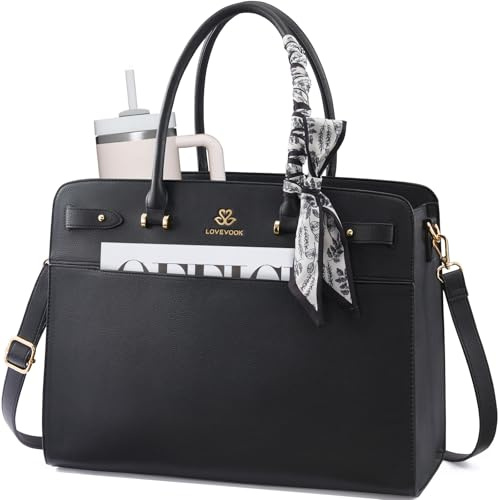 LOVEVOOK Laptop Tote Bag for Women, 15.6 Inch PU Leather Work Bag Waterproof Computer Briefcase Handbag for Teacher Business Office with Silk Scarf, Black