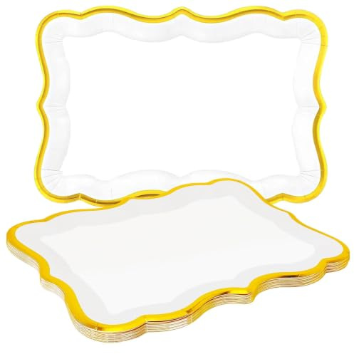 10 Piezas Bandejas Cartón, Bandejas Rectangulares con Borde Dorado | 33x23cm Rectangulares Bandejas, Cartón Reforzado, Borde Dorado Elegante, Platos para Servir Comida para Bodas Cumpleaños