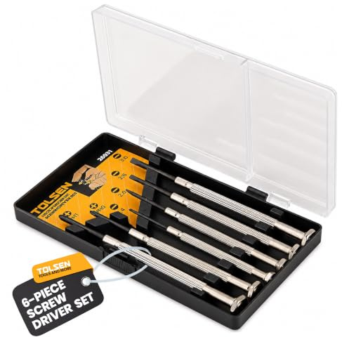 Tolsen Mini Precision Screwdriver Set for Glasses, Watches, Electronics 6pc | 2 Phillips and 4 Flat Head Sizes, Nickel Plated Steel, One Piece Drivers, No Loose Bits, Hinged Case, Laptops, Toys