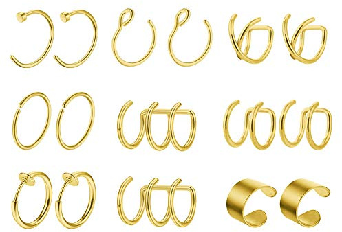 Mayhoop 8 Paar Ear Cuff Gold Edelstahl Ohr Manschette Nicht Piercing Clip auf Knorpel Ohrringe Fake Nasenpiercing Nasenring Fake Helix Lippenpiercing für Männer Damen