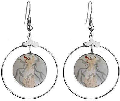 Folding Fan Beauty Chinese Painting Earrings Dangle Hoop Jewelry Drop Circle