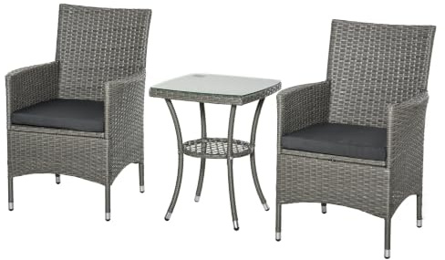 Outsunny Polyrattan Gartenmöbel Set Balkonmöbel für 2 Personen Grau | Outdoor Lounge, 3-Teilig Sitzgruppe, 2 Stühle, Tisch, Sitzkissen, Gartenlounge, Garten, Terrasse, Balkon