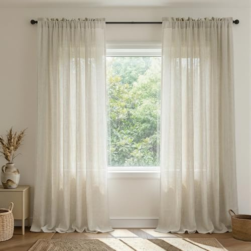 Beige Linen Curtains 96 Inches Long 2 Panels Set, Ready For Ring Clips, 8 FT Length Floor to Ceiling Drapes, Semi Sheer Light Filtering Flat Draperies for Living Room Bedroom Bay Window Dining Room