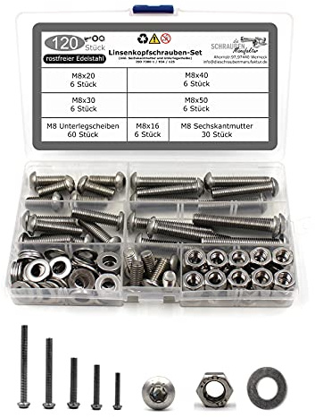 DSM – 118 teiliges Set Linsenkopfschrauben M8 – Torx – Edelstahl A2 | nach ISO 7380-1 [TrueSpec Präzision] Schrauben rostfrei – Vollgewinde, Halbrundkopf – Flachkopfschrauben Möbelschrauben