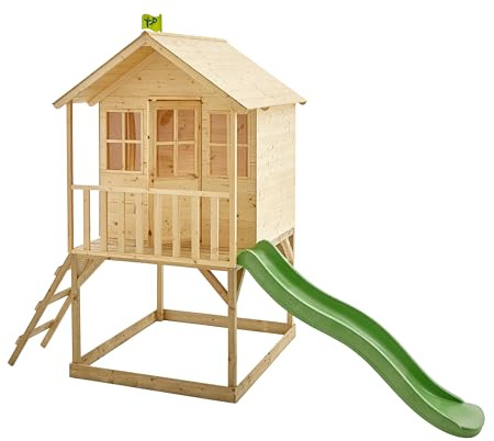 TP Toys Hill Top Tower Wooden Playhouse With Slide - 2 Windows And A Door, All With Perspex For Kids. Includes Fun Wavy Slide And Shaded Sandpit. Made From FSC Certified Wood. 3 Years+