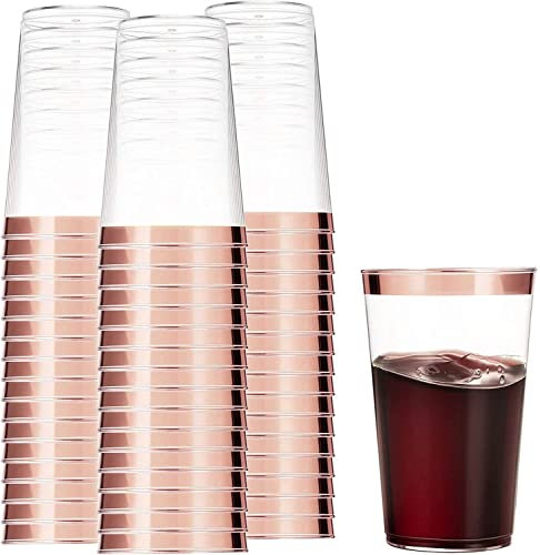 LATERN 50 Pièces Tasses à Vin en Plastique Bordées D'or Rose, 360ml Gobelets en Plastique Gobelets Réutilisables Verres à Vin de Fête Élégant pour Champagne Bière Cocktail Martini Soda (10,5 x 7,5cm)