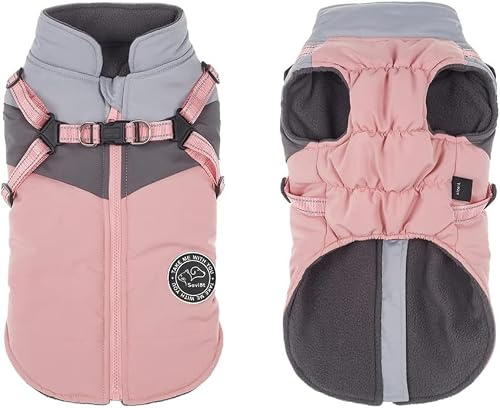 Savlot Hundejacken für den Winter Winddicht Wasserdicht 2 in 1 Outfit Kaltwettermantel Hundewestengeschirr Welpen Winter Warme Jacke Reflektierende Welpenjacke(S, Pink + Grau)