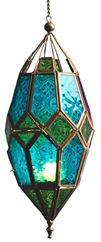 Lanterna in vetro da appendere in stile marocchino (grande verde/blu)