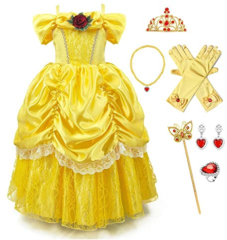 FMYFWY Costume de Carnaval Filles Princesse Robe de Belle Déguisements de la Beauté et la Bête Halloween Noël Robe de Anniversaire Soirée Cérémonie Robes avec Accessoires 6-7 ans