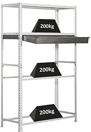 PROREGAL Reifenregal mit Schubfach und Ablagefläche Metal Shark No. 3 | HxBxT 200x100x40cm | 12 Reifen | Weiß Reifenständer Garagenregal