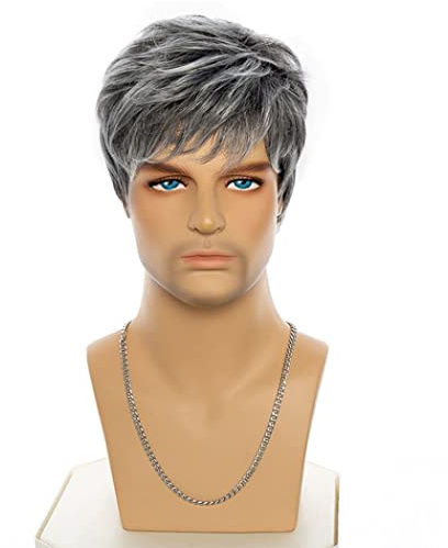 AIYLMZ Synthetische Perücken für junge Männer, kurz, gemischt, grau, mit Pony, Haar-Toupet für Männer, natürliche, stilvolle, flauschige, geschichtete Perücken, Herren-Haarteile (Grau gemischt)