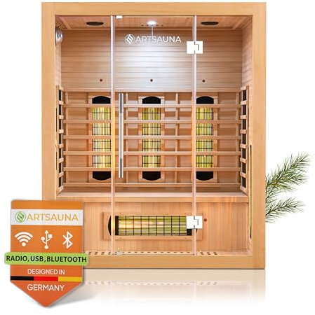 Artsauna Infrarotkabine Kiruna160 mit 6 Vollspektrum- & 3 Flächenstrahler, 3 Personen, 160x105x190 cm, LED Farblicht & Glastür, Infrarotsauna Sauna