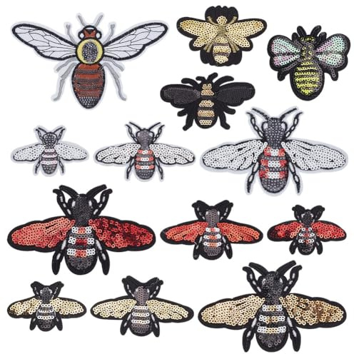 INFUNLY 13 Stück Pailletten-Bienen-Aufnäher, Hummel, Zum Aufbügeln, Applikation, Insekt, Bestickte Aufnäher, Aufnäher, Bienen-Aufnäher, Abzeichen, Motiv-Applikation, Dekoration Für DIY-Kleidung, T-Sh