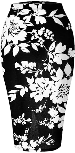 SSOULM Women's Floral Midi Pencil Skirt - Made in USA - Stretchy High Waisted Work Office Bodycon Skirts (Plus Size) FLOWERBLACK L