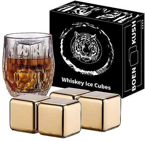 4 Large Whiskey Stones 64 cm³ - Man Gift Set - Reusable Stainless Steel Metal Ice Sphere Cubes Beverage Chilling Rocks Whiskey Stones for Red Wine, Bar Beer, Scotch, Vodka Drinks - Gold