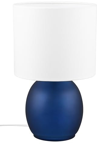Trio Leuchten Lámpara de mesa VELA 517900112, base de cristal azul, pantalla de tela blanca, excl. 1x E14