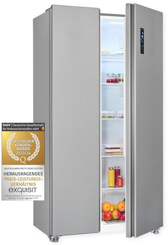 Exquisit® Frigorífico Side-by-Side 442L, Inoxlook, Clase E, Tecnología No-Frost, Control Digital, Modo Super-Refrigeración, Alarma de Puerta, Medidas (177,0 x 91,0 x 59,0 cm)