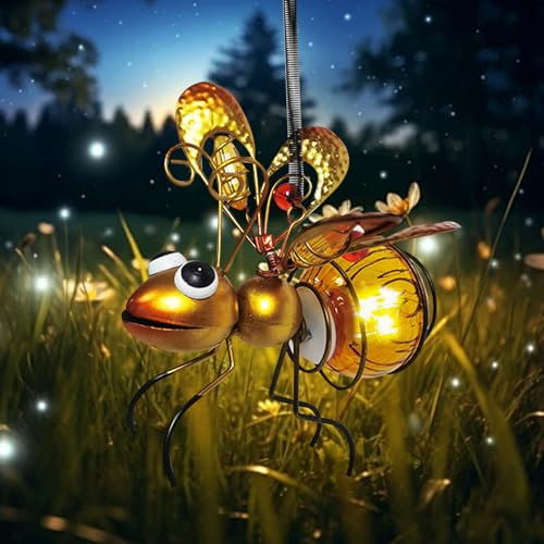 Solar Hängende Biene Licht Aussen, LED Biene Garten Deko aus Metall mit Frühling & Clip, IP65 Wasserdicht Solar Biene Licht, Solarlichterkette Außen Wetterfest für Garten, Bäume, Terrasse, Balkon (A)