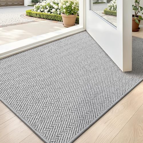 LUMI Ultra Thin Indoor Door Mat for Entrance 24x36, Non Slip Entryway Mat, Low Profile Doormat, Unique Herringbone Design Carpet for Inside, Patio, Porch, Gray