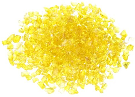 QUARKZMAN 1 Livre Feu Verre Pierre, 6-9 mm Élevé Lustre Réfléchissant Foyer Fosse Verre Roches pour Cheminée Feu Fosse Table Maison Jardin Décoration, Vase Remplisseuse, Jaune