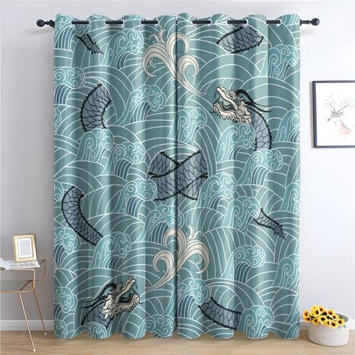 SZLYZM Vorhänge Japanischer Drache, Verdunkelungsvorhang 2er Set - Vorhang Blickdicht Orientalisch Asiatisch Muster, Thermovorhang für Deko Wohnzimmer Schlafzimmer, Gardinen mit Ösen 175x140 cm (HxB)