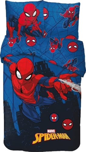 Parure de Lit Spiderman pour Enfant, Housse de Couette Réversible 140x200 cm, Taie d'oreiller 63x63 cm, 100% Coton (Parure de Lit Spiderman - B, 140 X 200 Cm)