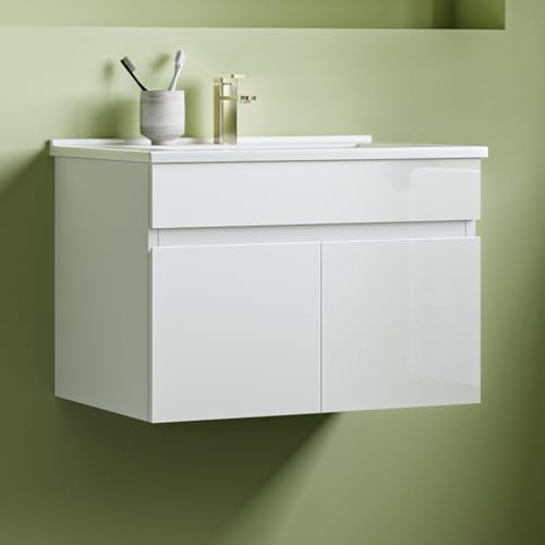 Aica Sanitär Waschtisch mit Unterschrank 60cm Bergen Badmöbel Set Hochglanz Weiß Keramik Waschbecken mit Unterschrank MDF Softclose
