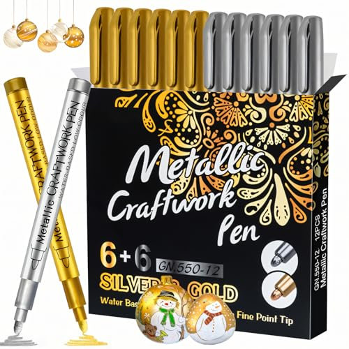 Allony Goldener Stift,Lackstift Gold,Glänzender Permanenter Flüssiger, Gold und Silver Metallic Acrylstifte Marker Set Wasserbasierte Stifte für Stein, Keramik, Glas, Holz, Stoff, Metall