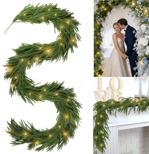 Sadodo Real-touch Norfolk Pine Garland with LED Lights- 9 FT. Artificial Cedar Greenery Hanging Plants for Eid Ramadan, Easter,Mantle,Staircase,Wedding,Birthday Party,Spring Festivel Decoration