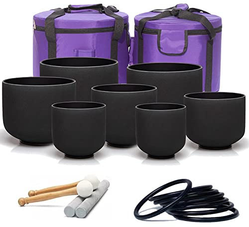 Klangschalen-Set aus schwarzem Kristall, 432 Hz, Chakra-gestimmt, inklusive robusten Tragetaschen und Wildlederklöppeln, Größe 15,2 cm, 7-teilig