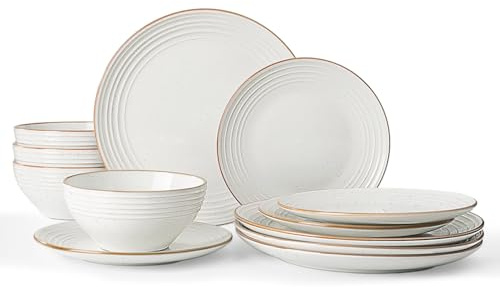 Richmount Jupiter Plates and Bowls Set, Reactive Glaze Dinner Set for 4, 12 Pieces Stoneware with Gold Rim, Scratch Resistant Dinnerware Service for 4, Microwave & Dishwasher Safe, White