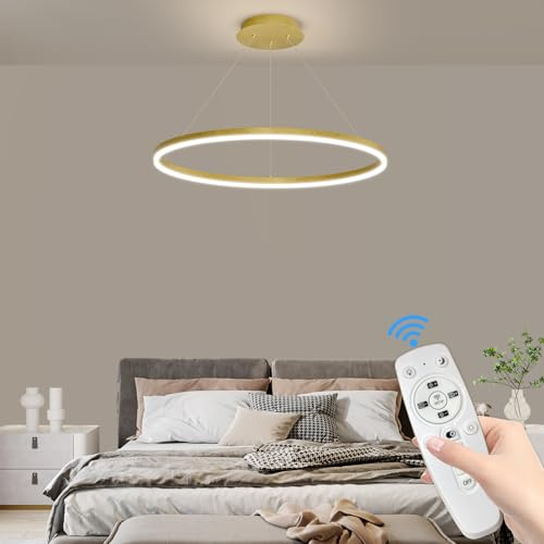 Mikeru 60cm Moderne Pendelleuchte LED, Dimmbar Pendelleuchte mit Memoryfunktion 10% Bis 100% Hängelampe Esstisch 3000k/4500k/6500k Gold Pendelleuchten 1 Ringe für Esszimmer, Wohnzimmer