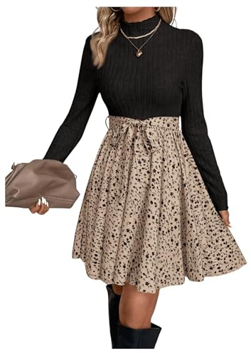 SweatyRocks Robe à manches longues pour femme - Élégante ligne A - En tricot - Avec fleurs - Robe d'hiver avec ceinture - Bloc de couleurs - Robe chemisier avec col montant, kaki, M