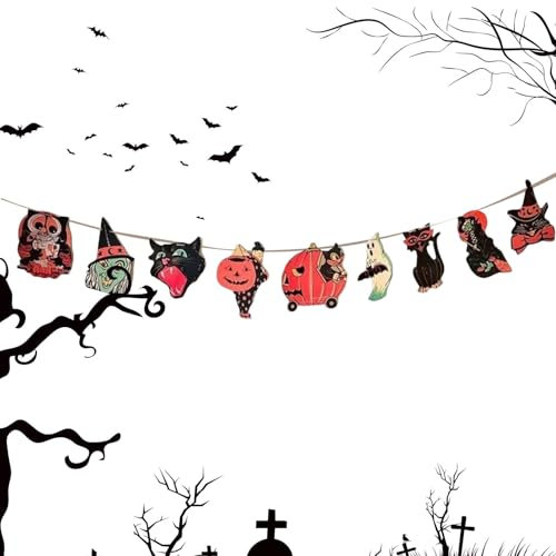 Halloween-Dekoration, Wimpelkette, Halloween-Girlande, Flagge,Retro Anhänger Dekoration Halloween Ausschnitte Papier - Ausgeschnittene Papierornamente, Geisterornament, Vintage-Banner mit schwarzer K