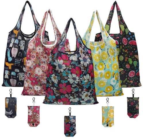 IKR 5PCS Reusable Shopping Bags, Eco Foldable Grocery Bags Washable Grocery Bag with Attached Pouch Waterproof Polyester Shopping Cloth Tote Easter Tote Bags for Daily Travel Picnic (Multicolor-01)