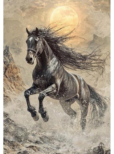 DCIDBEI 5D Diamond Painting Pferd Friese 40x50cm Diamant Painting Bilder Erwachsene Pferde Schwarz Diamond Art Pferde Springen Diamond Painting Pferd Sonnenuntergang Landschaft Natur DIY Leinwand Groß