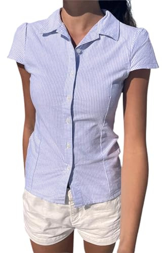 Women Button Down Shirts Ruched Slim Fit Solid Color Lapel Collar Short Sleeve Blouse Y2k Summer Shirt Tops (D-Blue, S)