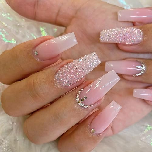 24 stycken rosa glitter ombré konstgjorda naglar – heltäckande naglar att klistra på – falska naglar för att klistra fast akryl full cover för kvinnor flickor nagelkonst manikyr (rosa ballerina)