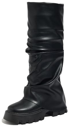 Tasteall Fold Over Platform Boots for Women, Knee High Shark Boots Round Toe Pleated Slouchy Boot Shoes for Casual Black Size 8