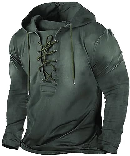 Sweat à capuche à lacets pour homme - Automne à manches longues en polyester avec cordons de serrage - Pull décontracté streetwear pour l'extérieur et le quotidien, Vert, S