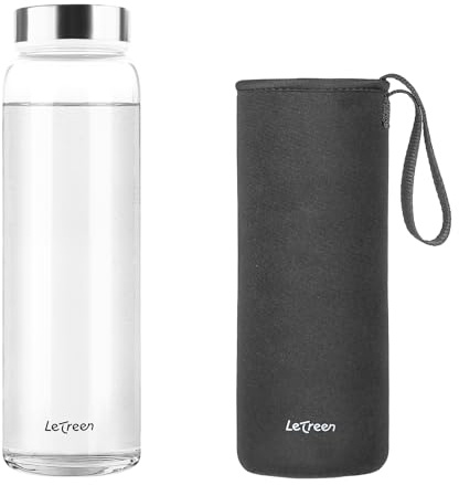 LETREEN Glass Water Bottle 1 Litre, Wide Mouth Water Bottle 1L with Neoprene Sleeve, BPA-Free Leak Proof Reusable 1000ML Drinking Bottles for Hot Cold Drinks, Work, Gym, Home (Dark Gray)